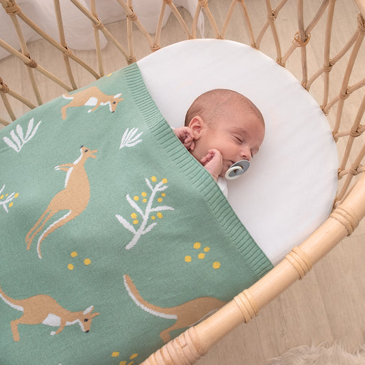 Knitted Baby Blanket - Green Kangaroo