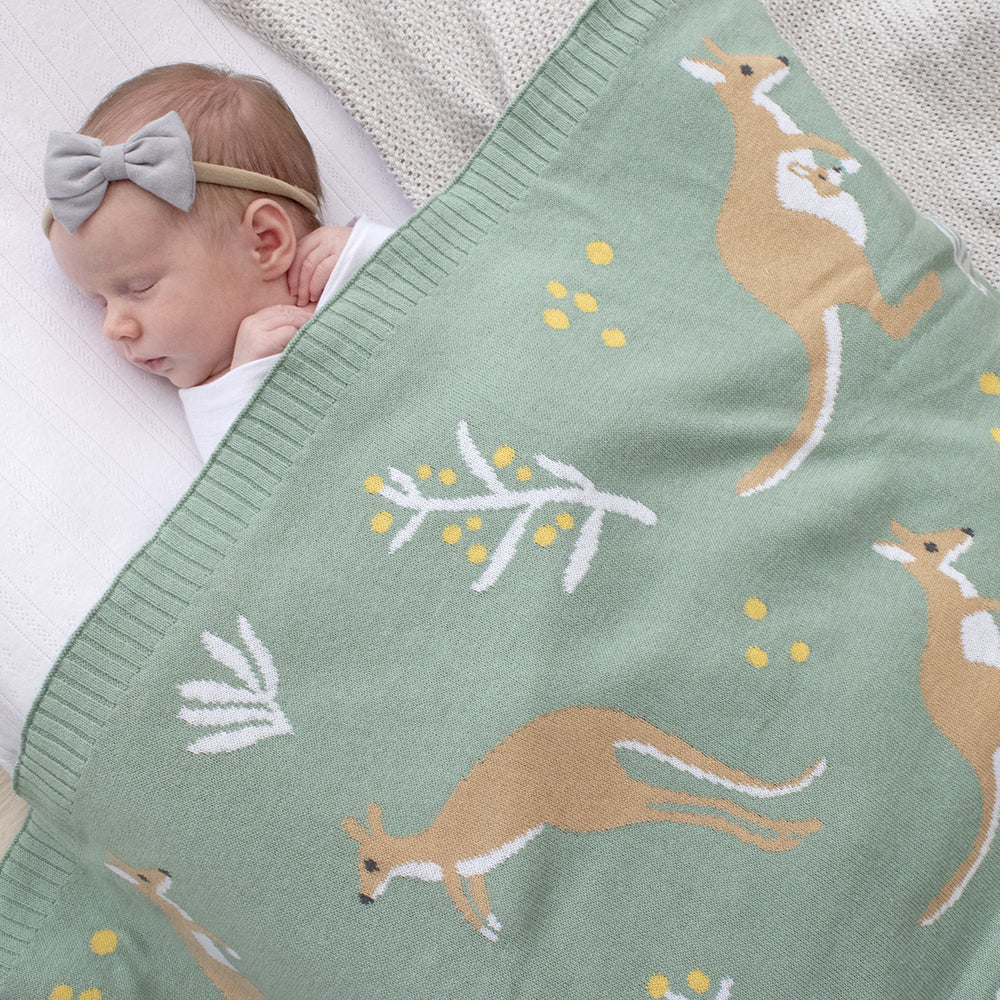 Knitted Baby Blanket - Green Kangaroo