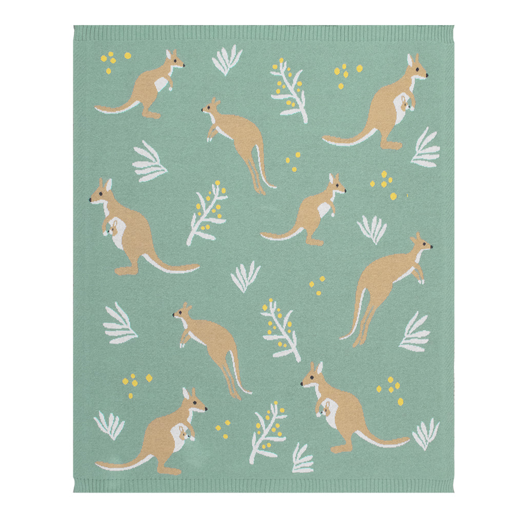 Knitted Baby Blanket - Green Kangaroo
