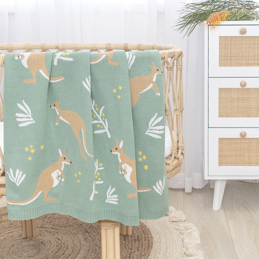 Knitted Baby Blanket - Green Kangaroo