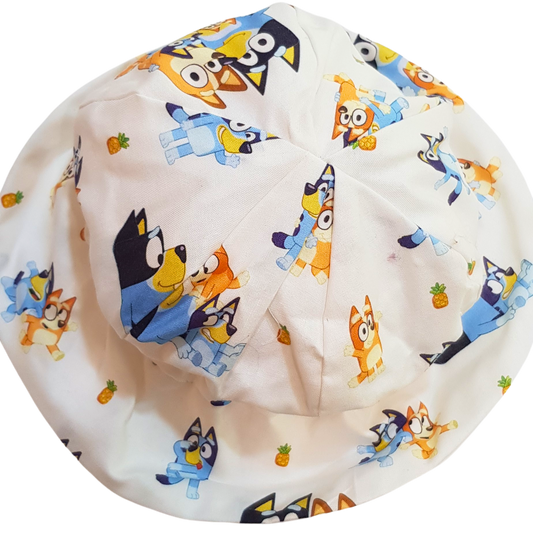 A baby and toddler hat with a Bluey  on a white background, featuring an adjustable brim 